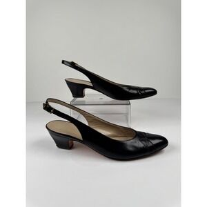 Salvatore Ferragamo Navy Blue Leather Slingback Kitten Heels Womens 7 AAAA Vtg